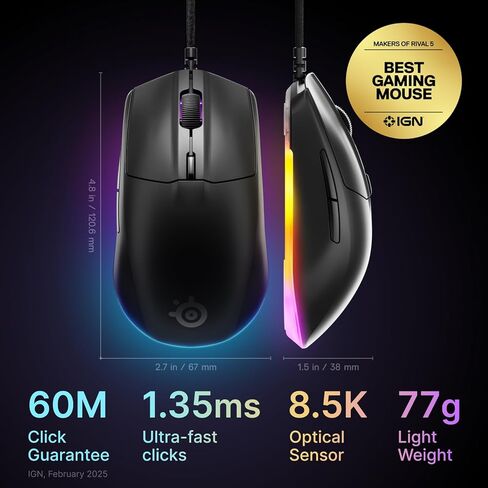 ماوس الألعاب SteelSeries Rival 3 Gen 2 — مستشعر بصري TrueMove Core بدقة 8500 نقطة في البوصة — متانة تبلغ 60 مليون نقرة — زمن استجابة منخفض — 77 جرامًا خفيف الوزن — أقدام PTFE بنسبة 100% — RGB — أسود (متجدد) in Kuwait
