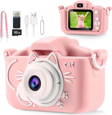 Kids Camera for Girls, Selfie Kids Camera,HD Kids Digital Camera Toys for 4 5 6 7 8 9 Year Old Girl Christmas Birthday Gifts,Camera for Kids 10-12,Toddler Camera with 32GB-Card in Kuwait