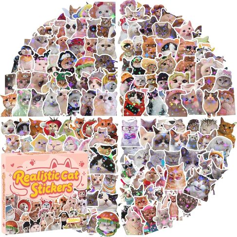 200 PCS Holographic Cat Stickers Pack, Kawaii Cat Meme Stickers Funny Kitten Sticker for Water Bottles Laptop Luggage Suitcase, DIY Waterproof Vinyl Decals Gifts for Adults in Saudi Arabia