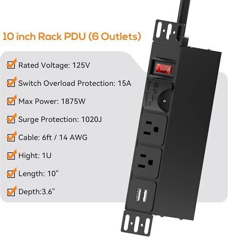 حامل PDU مقاس 10 بوصات، 1U 6 منافذ (2 في الأمام، 4 في الخلف)، حماية من زيادة التيار 1020J ومفتاح تحميل زائد 15 أمبير و2 USB-A، شرائط طاقة مثبتة على حامل لخزائن شبكة الخادم الصغيرة مقاس 10 بوصات/رف/ذاتي، كابل 14AWG بطول 6 أقدام in Kuwait