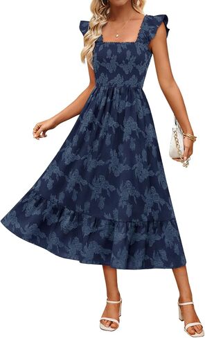 MEROKEETY Women's Summer Boho Floral Midi Dress 2026 Casual Sleeveless Square Neck Smocked Ruffle Flowy Beach Vacation Dress in Saudi Arabia