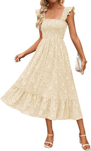 MEROKEETY Women's Summer Boho Floral Midi Dress 2026 Casual Sleeveless Square Neck Smocked Ruffle Flowy Beach Vacation Dress in Saudi Arabia