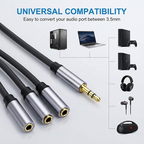 كابل مقسم صوت ستيريو 3.5 ملم، 3 طرق Aux Splitter 11.8 بوصة 1 ذكر إلى 3 أنثى كابل توزيع صوت ستيريو لمشغل Mp3، الكمبيوتر الشخصي، CD، جهاز وسائط Md in Kuwait