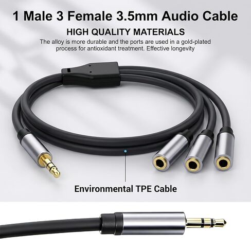 كابل مقسم صوت ستيريو 3.5 ملم، 3 طرق Aux Splitter 11.8 بوصة 1 ذكر إلى 3 أنثى كابل توزيع صوت ستيريو لمشغل Mp3، الكمبيوتر الشخصي، CD، جهاز وسائط Md in Kuwait