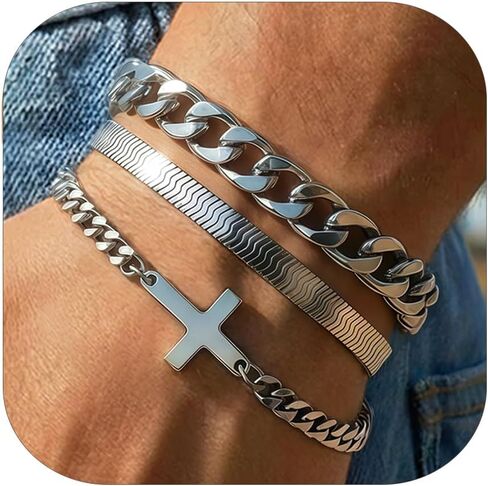 QINJIEJIE Mens Cross Bracelet Stainless Steel Bracelets for Men Cross Chain Cuban Link Bracelet Set Crosses jewelry Religious Christian Gifts for Men Dad Valentine's Day Gifts for Boyfriend in Saudi Arabia