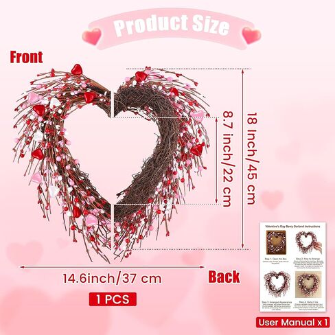 Aneco Valentine's Day Wreath 24 Inch Heart Shaped Wreath with Red Pink White Berry Handmade Valentine's Day Decorations for Anniversary Wedding Party Gift, Home Wall Window Front Door Decor in Saudi Arabia