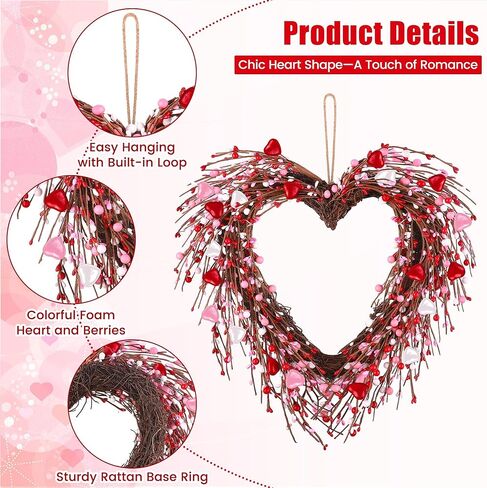 Aneco Valentine's Day Wreath 24 Inch Heart Shaped Wreath with Red Pink White Berry Handmade Valentine's Day Decorations for Anniversary Wedding Party Gift, Home Wall Window Front Door Decor in Saudi Arabia