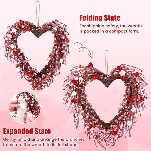 Aneco Valentine's Day Wreath 24 Inch Heart Shaped Wreath with Red Pink White Berry Handmade Valentine's Day Decorations for Anniversary Wedding Party Gift, Home Wall Window Front Door Decor in Saudi Arabia
