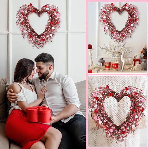 Aneco Valentine's Day Wreath 24 Inch Heart Shaped Wreath with Red Pink White Berry Handmade Valentine's Day Decorations for Anniversary Wedding Party Gift, Home Wall Window Front Door Decor in Saudi Arabia