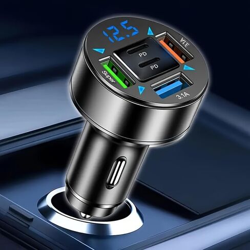 جهاز شحن سريع للغاية 5 في 1 داخل السيارة مزود بشاشة رقمية، 2PD+3 منافذ USB للتوصيل والتشغيل للهواتف الذكية/الأجهزة اللوحية (طاقة عالية، بدون بطارية) in Saudi Arabia