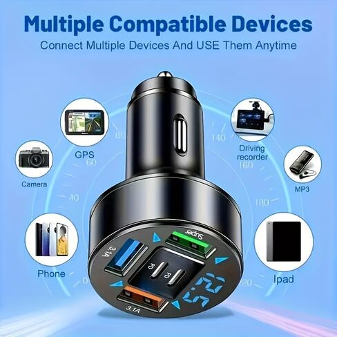 جهاز شحن سريع للغاية 5 في 1 داخل السيارة مزود بشاشة رقمية، 2PD+3 منافذ USB للتوصيل والتشغيل للهواتف الذكية/الأجهزة اللوحية (طاقة عالية، بدون بطارية) in Saudi Arabia