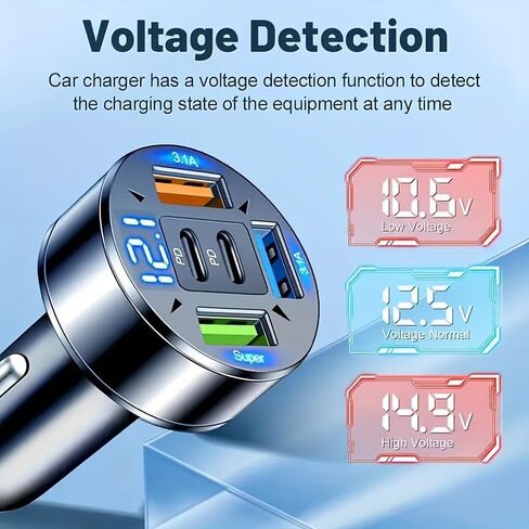 جهاز شحن سريع للغاية 5 في 1 داخل السيارة مزود بشاشة رقمية، 2PD+3 منافذ USB للتوصيل والتشغيل للهواتف الذكية/الأجهزة اللوحية (طاقة عالية، بدون بطارية) in Saudi Arabia