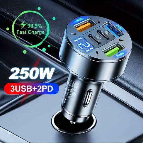 جهاز شحن سريع للغاية 5 في 1 داخل السيارة مزود بشاشة رقمية، 2PD+3 منافذ USB للتوصيل والتشغيل للهواتف الذكية/الأجهزة اللوحية (طاقة عالية، بدون بطارية) in Saudi Arabia