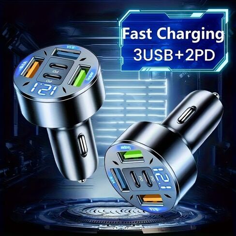 جهاز شحن سريع للغاية 5 في 1 داخل السيارة مزود بشاشة رقمية، 2PD+3 منافذ USB للتوصيل والتشغيل للهواتف الذكية/الأجهزة اللوحية (طاقة عالية، بدون بطارية) in Saudi Arabia
