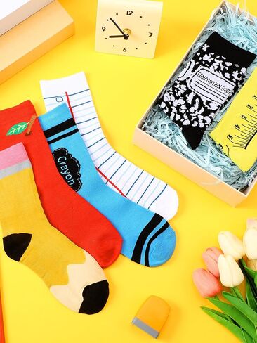 12 Pairs Valentine Funny Socks Gift for Teacher Student Women Men Teachers Appreciation Gifts Novelty Funny Pencil Apple Crayon Socks for Book Lover Reading Teacher Appreciation Week Gifts in Saudi Arabia