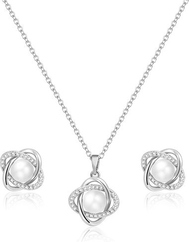 14K Gold Plated and Silver Pearl Jewelry Set for Women - Matching Pearl Necklace and Earring Set with Wrapped Design, June Birthstone Jewelry Set for Gift in Saudi Arabia