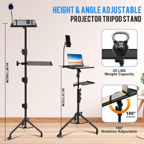 Projector Stand Tripod with 2 Shelves, Laptop Floor Stand with Casters,Projector Stand Adjustable Height 28.7 to 65 Inch with Phone Holder and Mouse Tray, Tripod Stand for Office, Home, DJ, Outdoor in Saudi Arabia