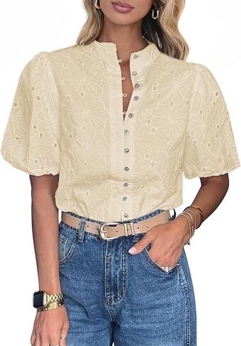 Lazysmile Summer Boho Tops for Women Short Sleeve V Neck Button Down Hollow Out Lace Embroidered Blouses Shirts in Saudi Arabia