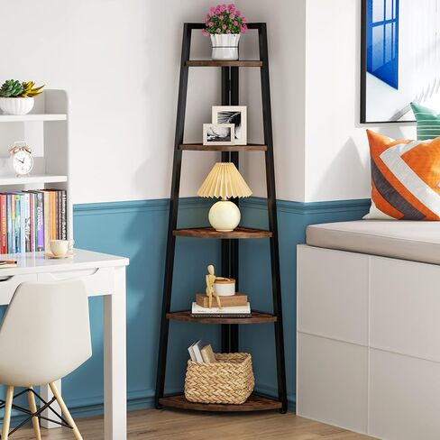 Tribesigns 5 Tier Corner Bookshelf and Bookcase, 70 inch Tall Corner Shelves Standing Shelving Unit Indoor Plant Stand for Living Room, Kitchen, Home Office (Brown) in Saudi Arabia