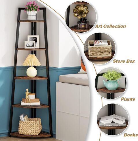 Tribesigns 5 Tier Corner Bookshelf and Bookcase, 70 inch Tall Corner Shelves Standing Shelving Unit Indoor Plant Stand for Living Room, Kitchen, Home Office (Brown) in Saudi Arabia