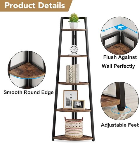 Tribesigns 5 Tier Corner Bookshelf and Bookcase, 70 inch Tall Corner Shelves Standing Shelving Unit Indoor Plant Stand for Living Room, Kitchen, Home Office (Brown) in Saudi Arabia