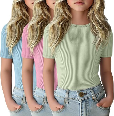 3 Pack Girls Short Sleeve Tops Ribbed Knit Crew Neck Shirts Basic Solid Tees Slim Fit Casual T-Shirt Size 5-14 in Saudi Arabia