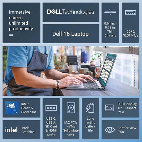 كمبيوتر محمول Dell مقاس 16 بوصة FHD+(1920 x 1200) شاشة لمس للأعمال، Intel Core 5 120U، ذاكرة الوصول العشوائي DDR5 سعة 16 جيجابايت، SSD 512 جيجابايت، لوحة مفاتيح بإضاءة خلفية كاملة الحجم، Wi-Fi 6، كاميرا، Windows 11 Pro in Kuwait