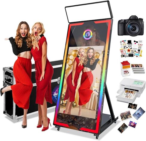 Magic Mirror Photo Booth with Camera and Printer,65’’ Mirror Photo Booth with 43’’ Interactive Screen,Remote Control RGB Lights Instant Print and Sharing for Parties Wedding Rental (Black) in Saudi Arabia