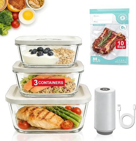 ماكينة تفريغ الهواء المدمجة للطعام (آلة تفريغ الهواء القوية المحمولة + 3 حاويات تفريغ زجاجية + 10 أكياس مكنسة كهربائية قابلة لإعادة الاستخدام) لإعداد وجبات المطبخ والثلاجة والسفر، هدايا للأم والزوجة والشيف in Kuwait