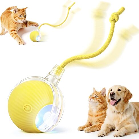 Interactive Electric Automatic Rolling Moving USB Rechargeable Self Activated Play Stimulation Toy Smart Chase Teaser Ball with Speedy Tail Rope for Bored Adult Indoor Cats and Dogs, Red in Kuwait