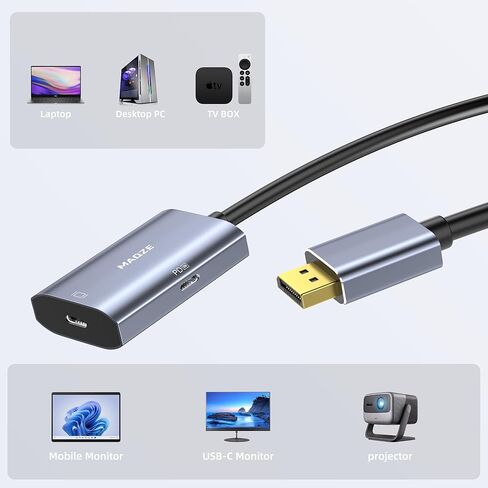 محول عرض 8K@30 هرتز / 4K@144 هرتز إلى USB-C مع شحن PD 65 وات، منفذ عرض كابل الجرافين ذكر إلى أنثى من النوع C لشاشة USBC، متوافق مع MacBook Pro/Air، iMac in Kuwait