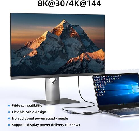 محول عرض 8K@30 هرتز / 4K@144 هرتز إلى USB-C مع شحن PD 65 وات، منفذ عرض كابل الجرافين ذكر إلى أنثى من النوع C لشاشة USBC، متوافق مع MacBook Pro/Air، iMac in Kuwait