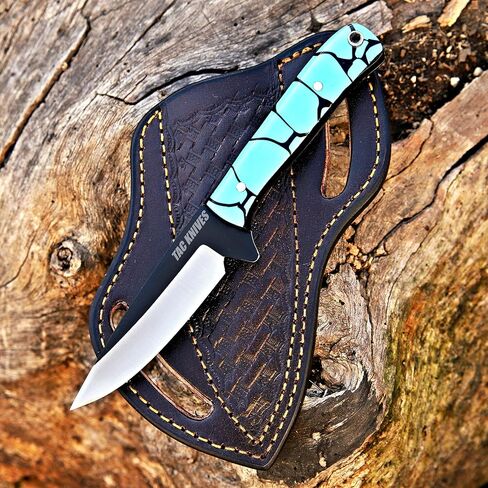 TAC KNIVES سكين EDC بشفرة ثابتة مقاس 7 بوصات مع غمد - سكين صيد من الفولاذ الدمشقي - تانغ كامل - مقبض عظمة - غمد جلدي لحمل الفطائر (عظم 303) in Kuwait
