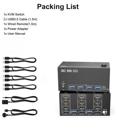 مفتاح KVM 4 شاشات 2 جهاز كمبيوتر، USB 3.0 HDMI+DisplayPort أربعة شاشات KVM لجهازي كمبيوتر مشاركة 4 عرض 4USB(204 1H3D) in Kuwait