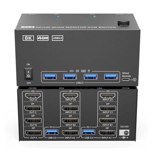 مفتاح KVM 4 شاشات 2 جهاز كمبيوتر، USB 3.0 HDMI+DisplayPort أربعة شاشات KVM لجهازي كمبيوتر مشاركة 4 عرض 4USB(204 1H3D) in Kuwait