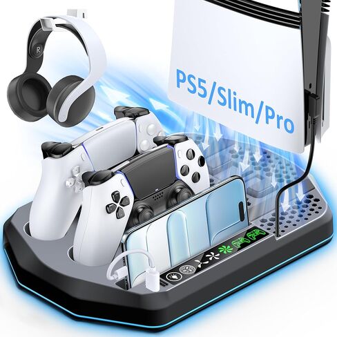 محطة تبريد مع شاحن وحدة تحكم لجهاز PS5/Slim/Pro، حامل رأسي لجهاز PlayStation 5 للأقراص ووحدة التحكم الرقمية، محطة شحن وحدة تحكم PS 5 مزدوجة مع مروحة تبريد ثلاثية المستويات، مجموعة ملحقات PS5 in Kuwait
