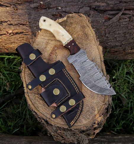 سكين تعقب دمشق مصنوع يدويًا بمقبض عظمي من TAC KNIVES - سكين النجاة - سكين التخييم - سكين فولاذي دمشقي - سكين صيد دمشقي مع غمد سكين نصل ثابت للحمل الأفقي (RAM HORN) in Kuwait