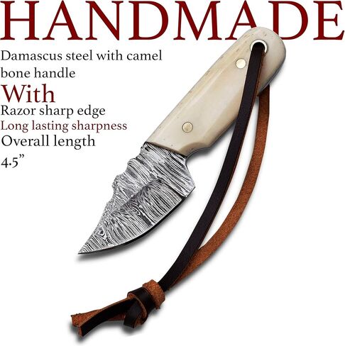 Damascus Steel EDC Knife 4.5" Fixed Blade Mini Knife for Skinning,Survival,Camping and Outdoor Enthusiasts with Natural Handle and Leather Sheath Brand (BONE HANDLE) in Saudi Arabia