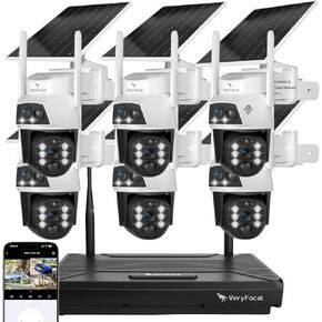 نظام أمان شمسي بـ 6 كاميرات - عدسة مزدوجة 360 درجة PTZ، 10CH 4K NVR WiFi 6، بطارية 10400 مللي أمبير، مقاومة للماء IP66، بدون رسوم شهرية للمنزل الخارجي in Kuwait