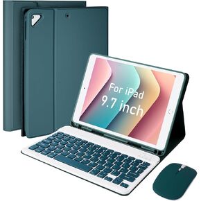 حافظة لوحة مفاتيح لجهاز iPad 9.7 بوصة 2018 (الجيل السادس)/ 2017 (الجيل الخامس)/2016 iPad Pro/Air 1/2، حافظة لوحة مفاتيح بلوتوث قابلة للفصل مع حامل أقلام وماوس مقاس 9.7 بوصة، نوم/تنبيه تلقائي، أخضر داكن in Kuwait