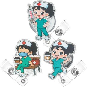 3 PC Nurse Badge Cenly Cute Funny Pink Name Tag Clip حامل قابلية للسحب للممرضات للممرضات المساعد الطبي الملحقات الصيدلية الطالب RN CNA ER المستشفى هدايا كبيرة in Kuwait