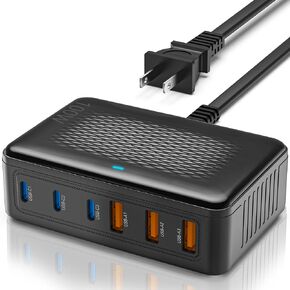 كتلة شاحن USB C، 100 واط GaN 6 منفذ محطة شحن سريع لأجهزة متعددة، شاحن حائط PD 3.0+QC قابس محول شريط الطاقة لجميع هواتف iPhone 17 16 15 iPad Samsung iWatch Pixel Series (أسود) in Kuwait