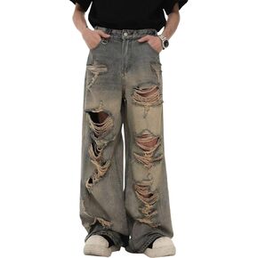بنطال جينز رجالي فضفاض من FCOOLYEET Y2k Grunge ممزق ممزق ملابس الشارع واسعة الساق الهيب هوب من قماش الدنيم مع ثقوب in Kuwait