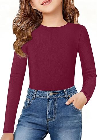 ZDC Girls Long Sleeve Shirts Crewneck Ribbed Knit Slim Fit Tops Casual Tee Shirt 5-14 Years in Saudi Arabia