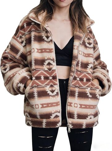 MYHALF Womens Valentine Sweaters Western Aztec Print Zip up Hoodie Sherpa Fleece Jacket Coat with Pockets Casual Warm Outwear in Saudi Arabia
