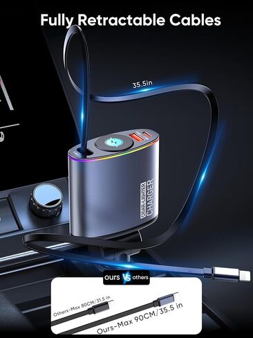شاحن سيارة قابل للسحب، شاحن سيارة Topume 60 وات للشحن السريع USB C، كابل قابل للسحب 2.9 قدم [لكابل iPhone] ومحول سيارة للإضاءة المحيطة الملونة لهاتف iPhone 16/15/15 Pro Max/14/13/12/11، Galaxy in Kuwait