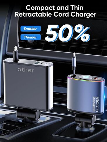 شاحن سيارة قابل للسحب، شاحن سيارة Topume 60 وات للشحن السريع USB C، كابل قابل للسحب 2.9 قدم [لكابل iPhone] ومحول سيارة للإضاءة المحيطة الملونة لهاتف iPhone 16/15/15 Pro Max/14/13/12/11، Galaxy in Kuwait
