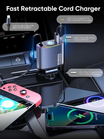 شاحن سيارة قابل للسحب، شاحن سيارة Topume 60 وات للشحن السريع USB C، كابل قابل للسحب 2.9 قدم [لكابل iPhone] ومحول سيارة للإضاءة المحيطة الملونة لهاتف iPhone 16/15/15 Pro Max/14/13/12/11، Galaxy in Kuwait