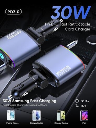 شاحن سيارة قابل للسحب، شاحن سيارة Topume 60 وات للشحن السريع USB C، كابل قابل للسحب 2.9 قدم [لكابل iPhone] ومحول سيارة للإضاءة المحيطة الملونة لهاتف iPhone 16/15/15 Pro Max/14/13/12/11، Galaxy in Kuwait