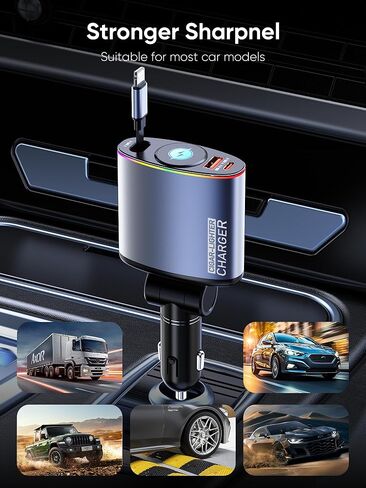شاحن سيارة قابل للسحب، شاحن سيارة Topume 60 وات للشحن السريع USB C، كابل قابل للسحب 2.9 قدم [لكابل iPhone] ومحول سيارة للإضاءة المحيطة الملونة لهاتف iPhone 16/15/15 Pro Max/14/13/12/11، Galaxy in Kuwait